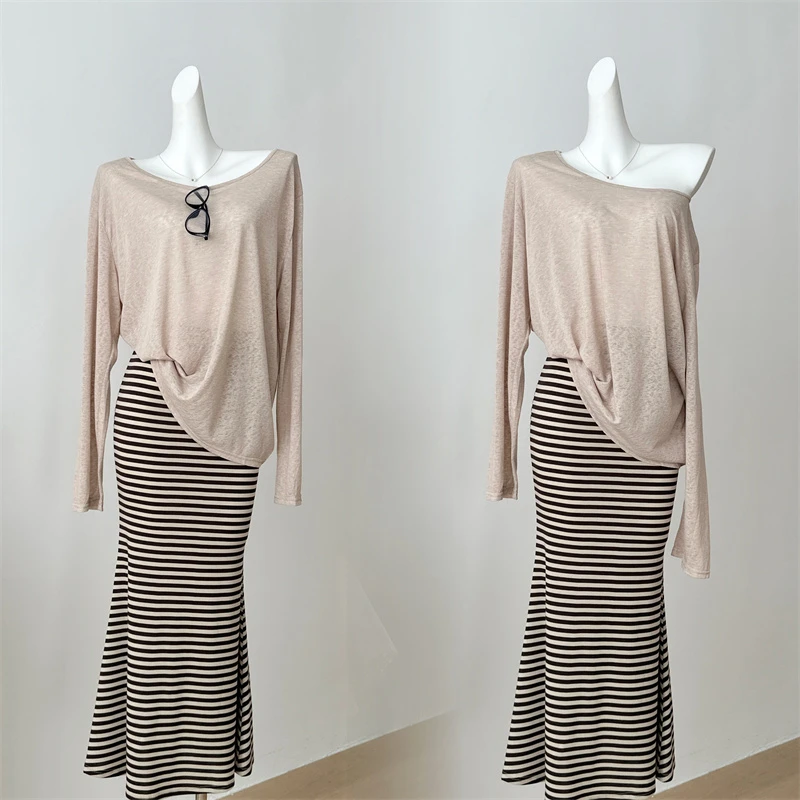 纯欲风显瘦条纹鱼尾半身裙女春秋新款气质宽松长袖上衣包臀裙套装