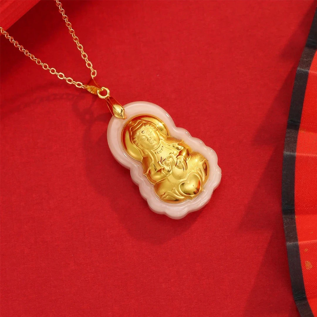 观音赐福吊坠女士项链金镶款带礼盒配链子