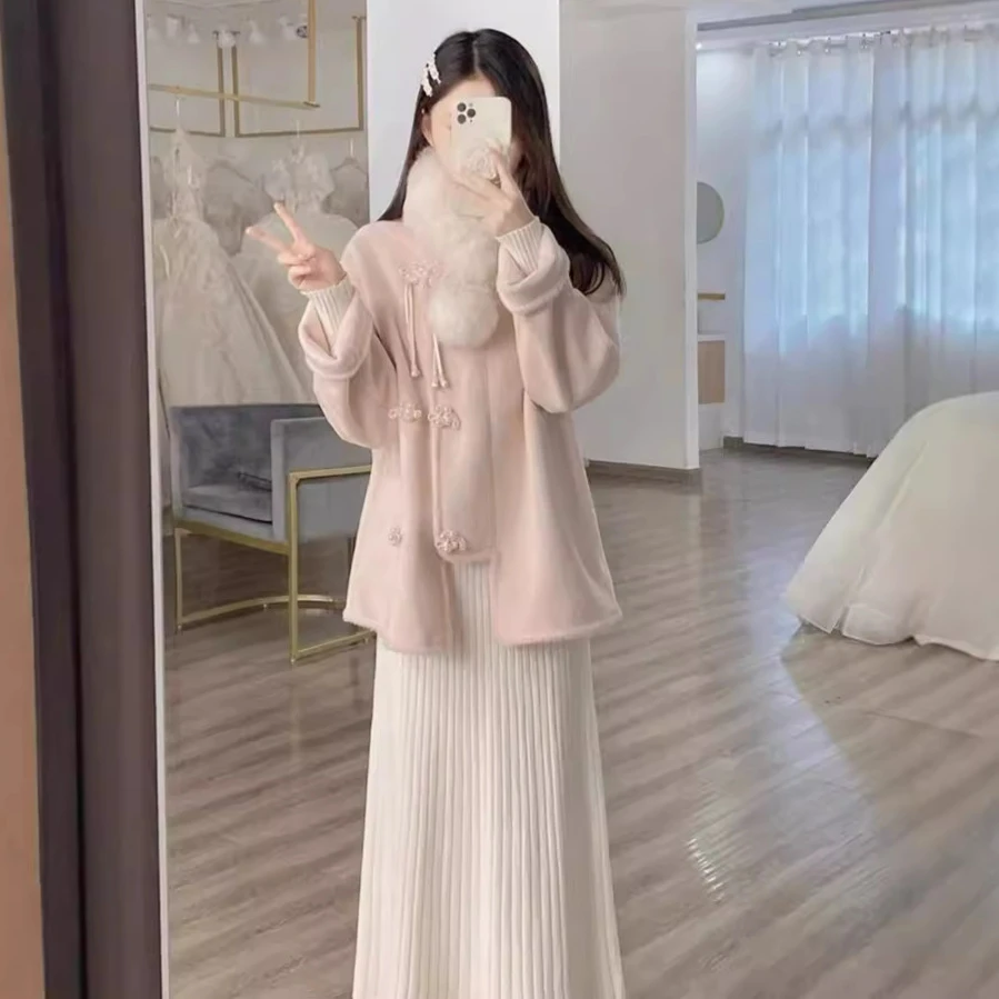 新中式粉色小香风外套女秋冬季2025新款小个子加厚中长款毛呢大衣