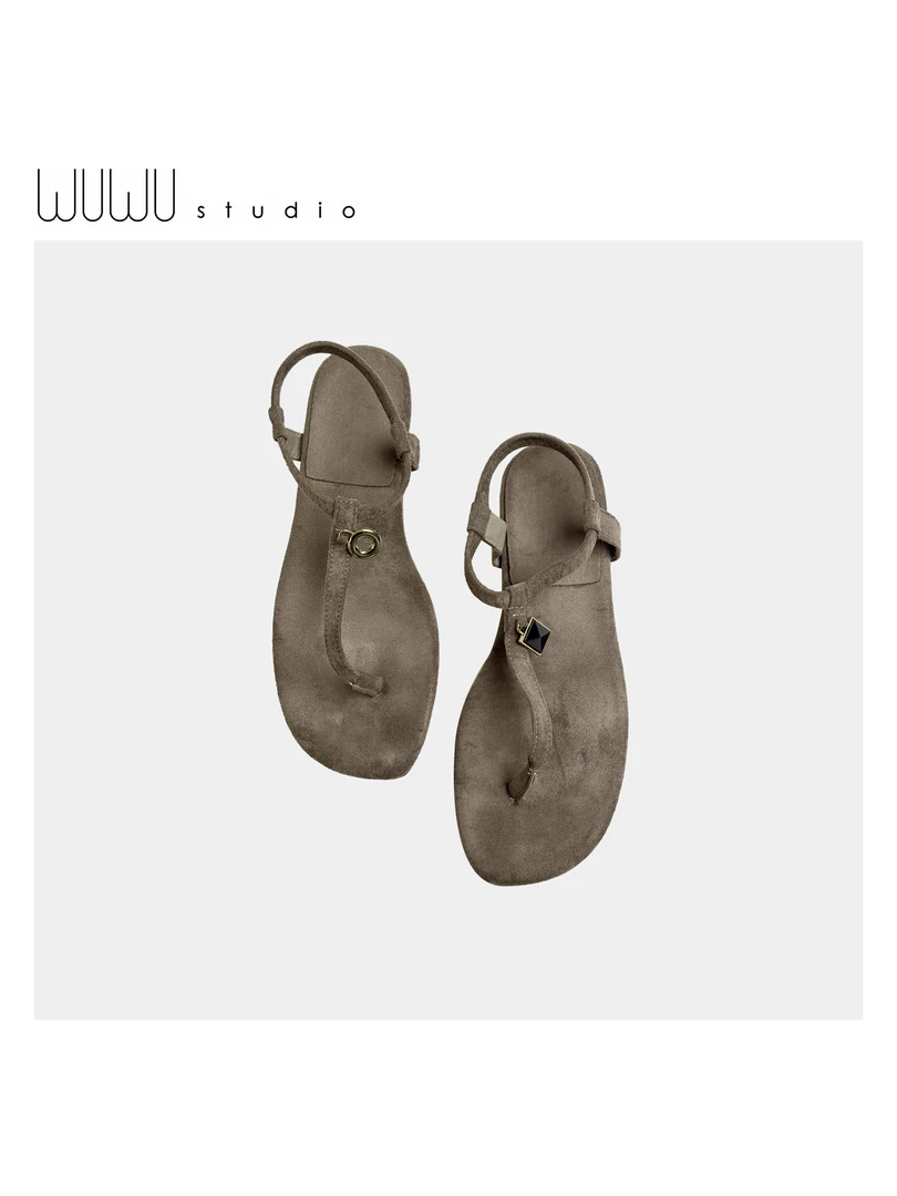 WUWU STUDIO 【鸳鸯】法式小众复古极简百搭平底夹趾凉鞋罗马鞋3162