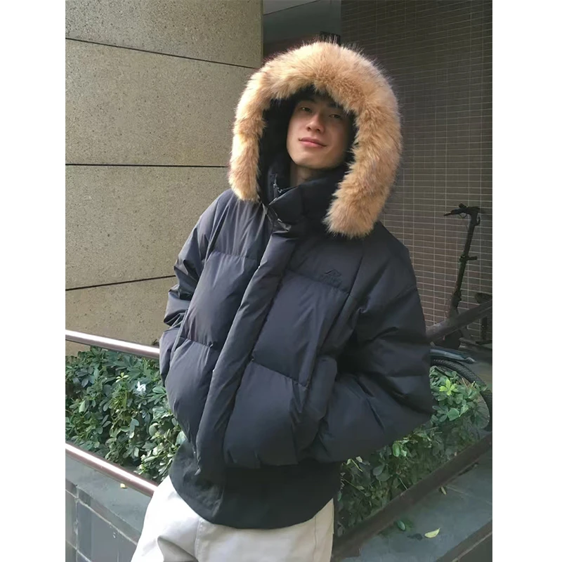 美式复古可拆卸毛领连帽棉服男款冬季加厚保暖棉衣高级感短款外套