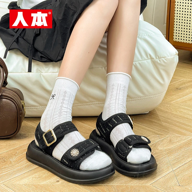 人本凉鞋女款2025夏季新款小香风厚底魔术贴凉拖鞋休闲运动沙滩鞋