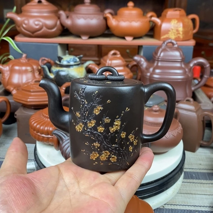 茶壶紫砂双圈240cc原矿赵庄朱泥捂灰、堆花描金特价