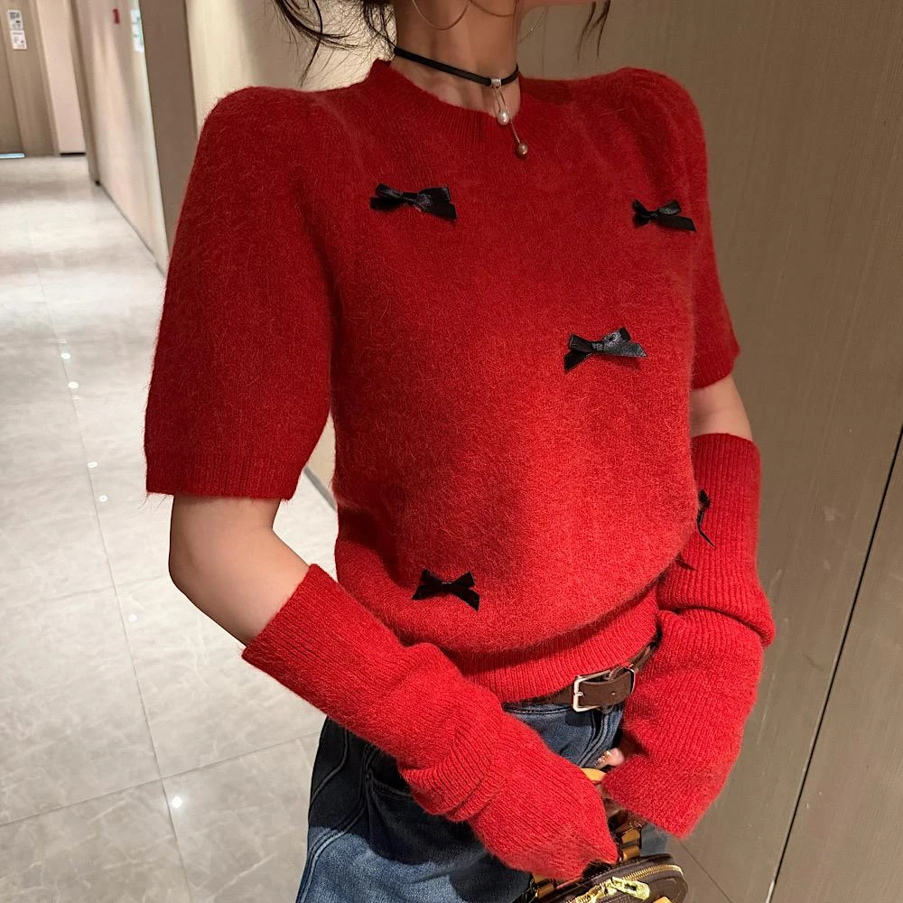 圣诞穿搭红色袖套毛衣女2025秋冬新款韩系设计感小众蝴蝶结上衣