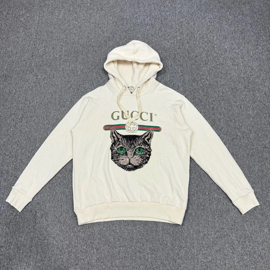 99新 GUCCI/古驰 16686425 古驰 米色亮片猫头刺绣帽衫 S码99新