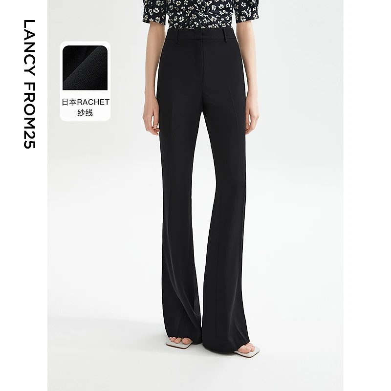 朗姿复古气质显瘦高腰黑色休闲裤喇叭裤马蹄裤2024年夏新款长裤子