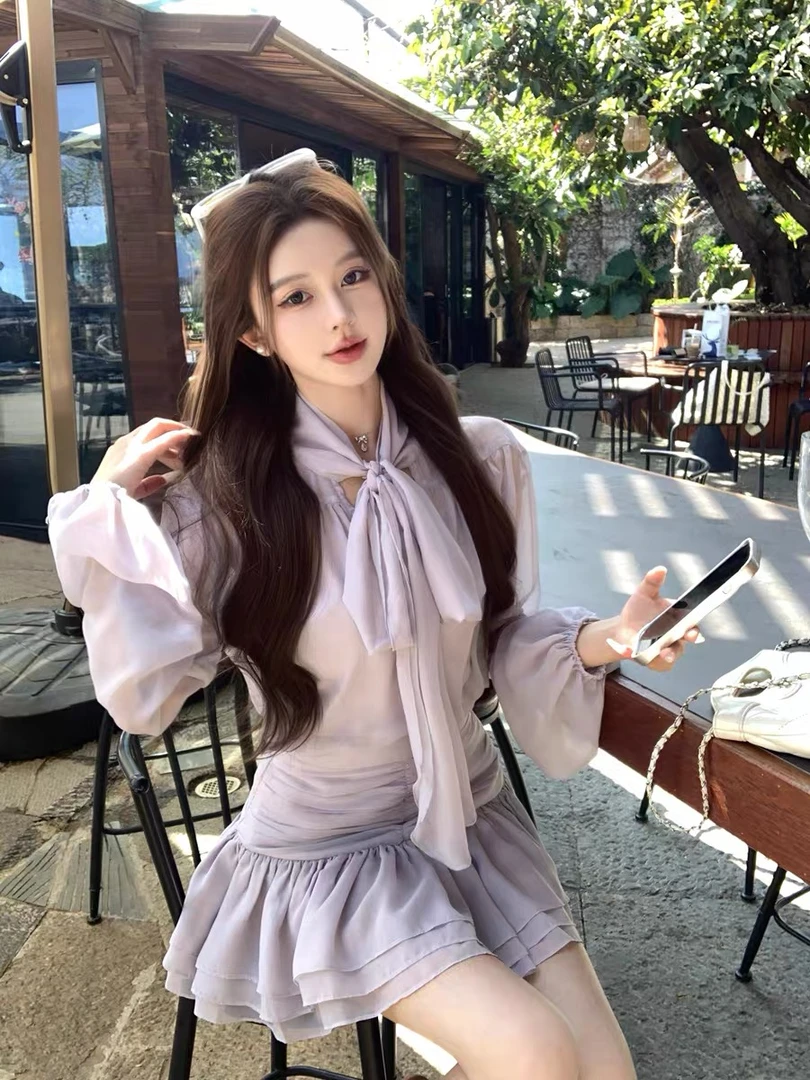 月落星河蝴蝶结衬衫+显瘦半身短裙三件套