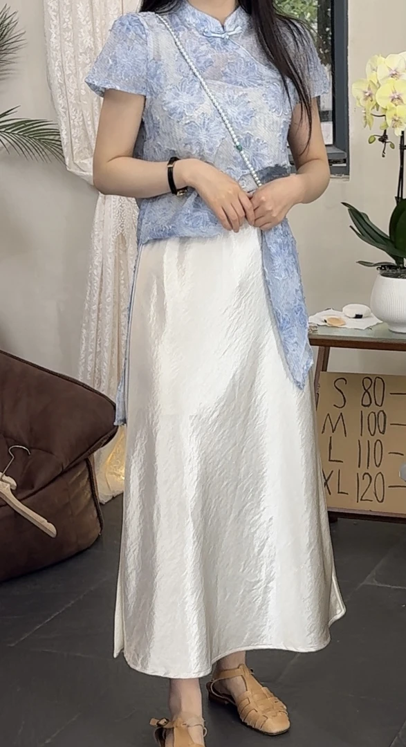 9873#气质百搭缎面侧开叉长款纯色时尚透气半身裙