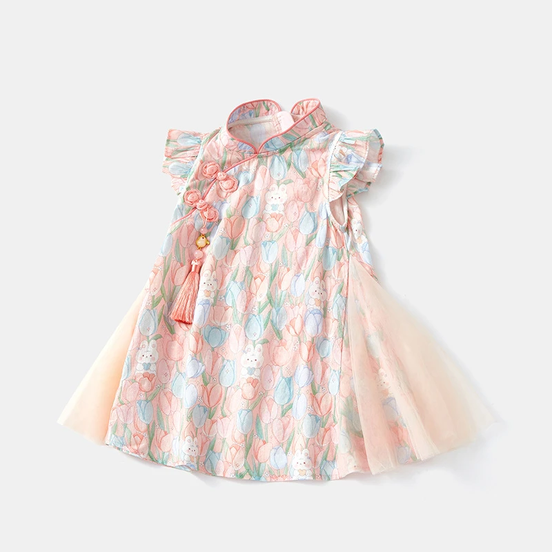 A2025婴儿新中式连衣裙夏季薄款女宝宝公主裙子3689女童网纱碎花