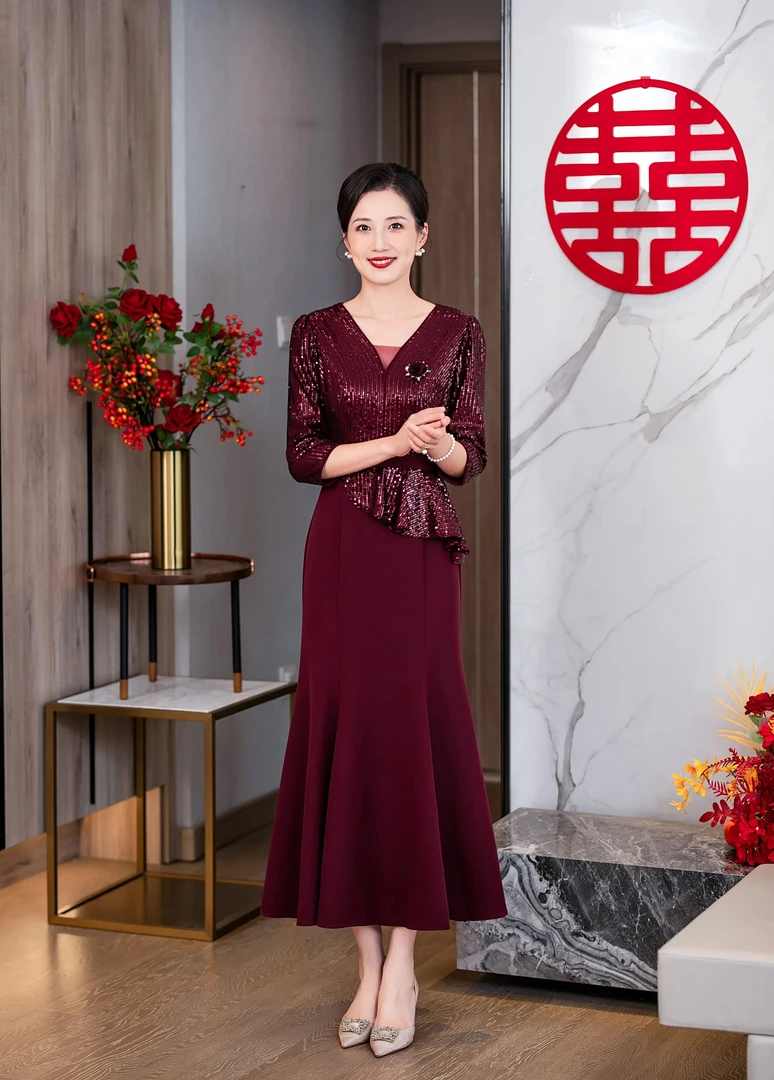 优雅洋气亮片拼接鱼尾礼服连衣裙