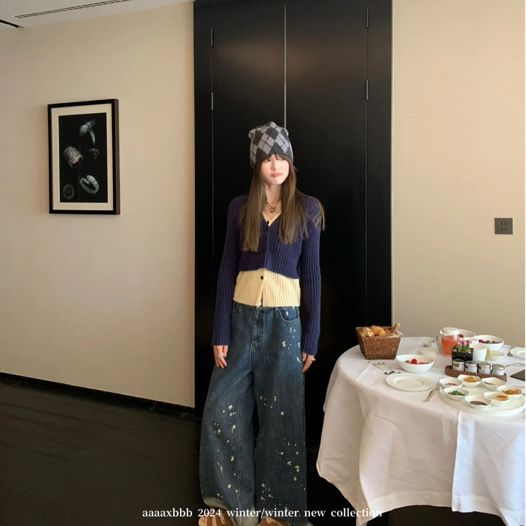 aaaaxbbb 柏林旧影 水洗泼墨牛仔裤女秋冬显瘦时髦复古宽松阔腿裤