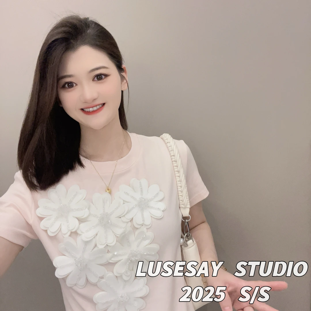 LUSESAY 重工立体花花刺绣 夏季2025新款 短袖t恤女百搭显瘦上衣