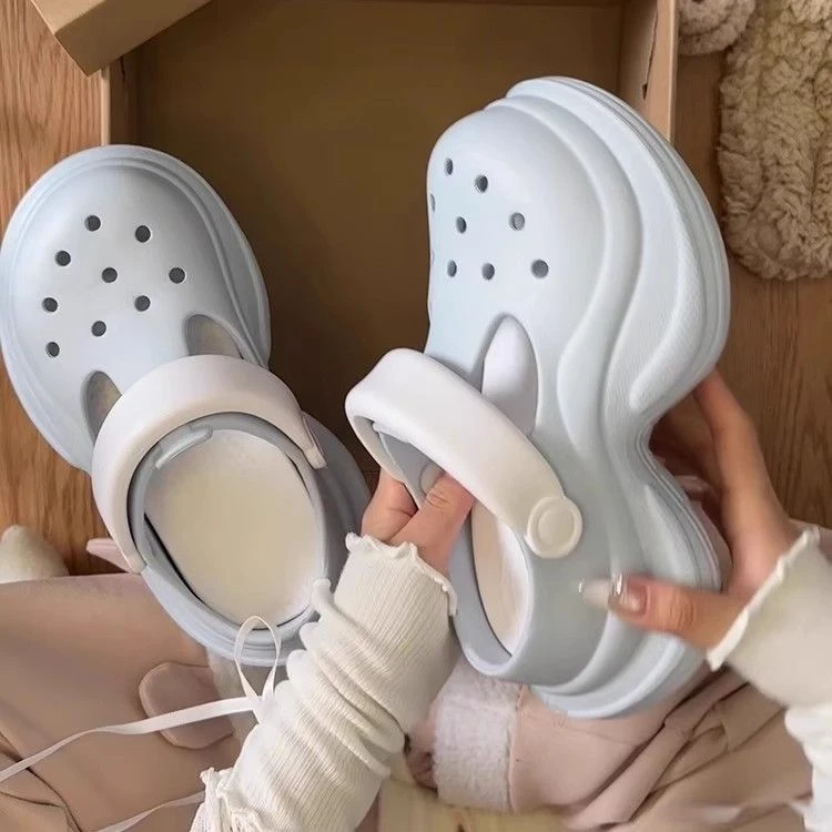 eva新款时尚拼色小蛮腰通勤外穿可拆卸洞洞鞋女厚底增高防滑拖鞋