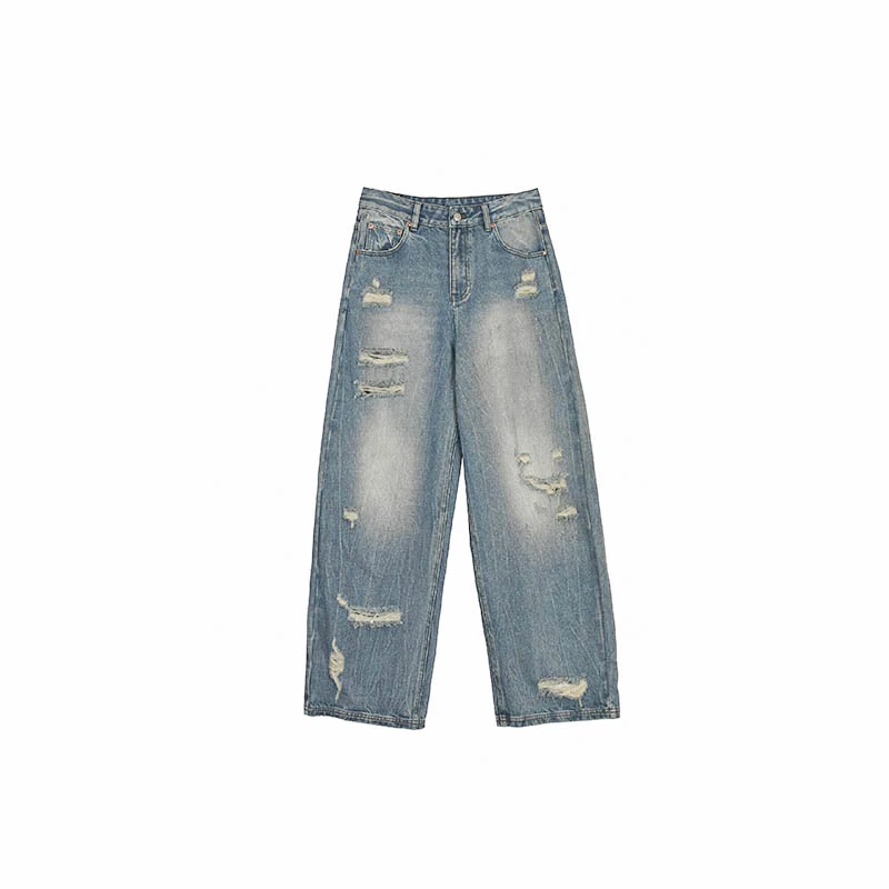 【买手店&蛋哥】休闲宽松慵懒重工水洗复古破洞牛仔裤QIDI24S404