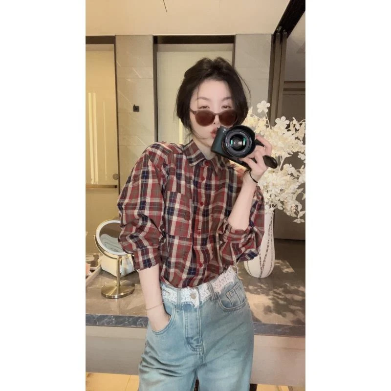 【悦悦专属】复古撞色格子磨破衬衫L104