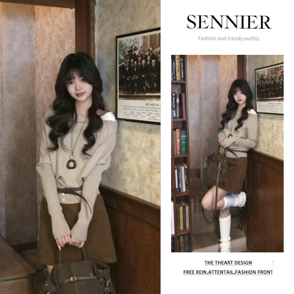 时尚穿搭一整套2026春季新款韩版洋气百搭针织衫复古半身裙两件套