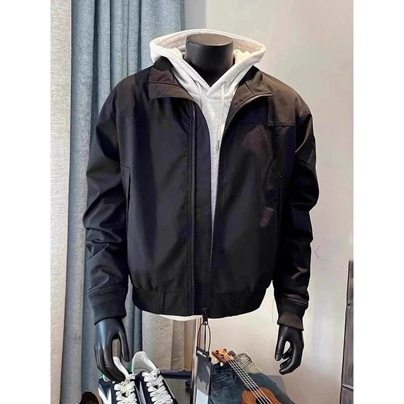 美式教练夹克春秋款立领三防水冲锋衣纯色复古户外工装飞行外套男