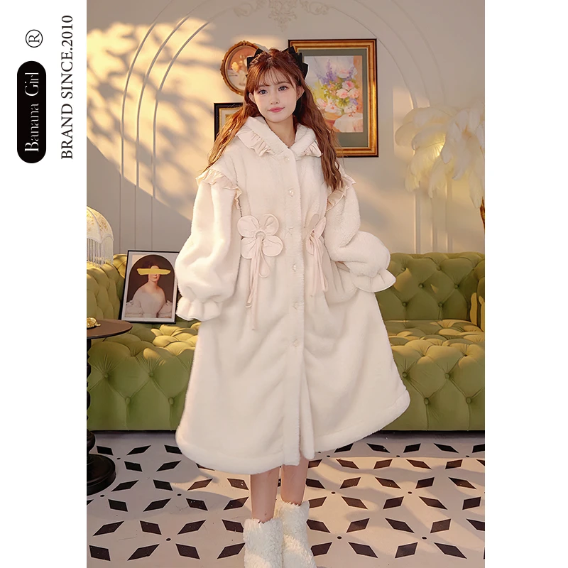 香蕉女孩【未闻花名-月光】睡衣女秋冬睡袍宽松加厚连帽加绒可外穿