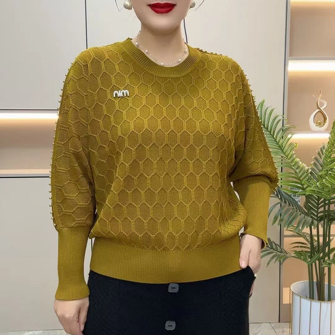 2025春季新款洋气百搭纯色钉珠蝙蝠针织衫宽松圆领休闲打底衫上衣