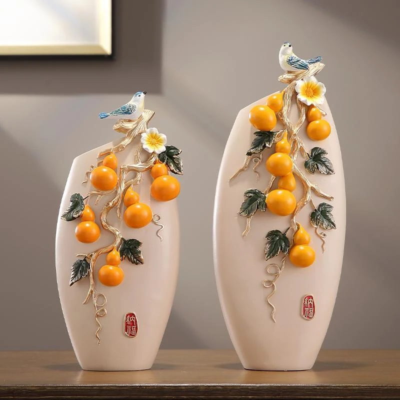 新中式五福临门台面轻奢花瓶一对摆件客厅玄关家居创意工艺装饰品