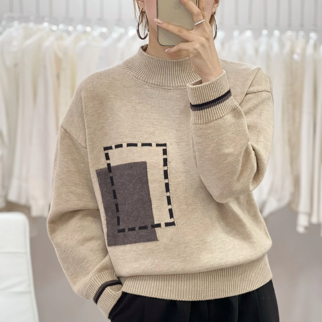 秋冬韩版套头时尚圆领半高领长袖宽松针织衫毛衣女百搭