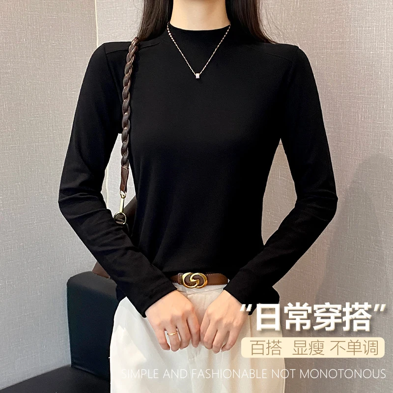 半高领鱼骨t恤春秋修身高弹新款时尚洋气打底衫女ck内搭秋冬