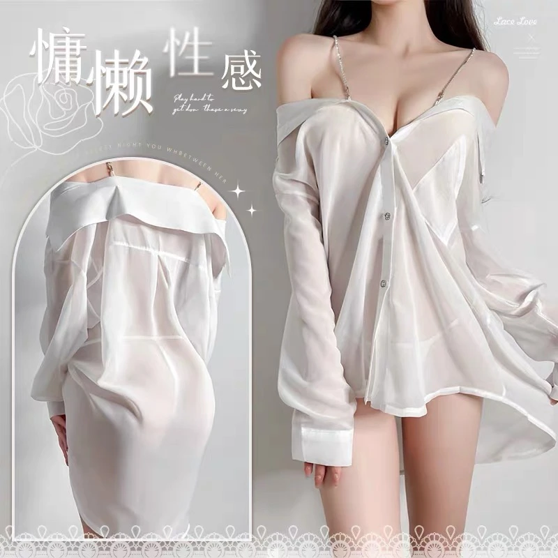 【白色恋人】80-200斤BF衬衫睡裙女两穿镶钻链子男友风衬衫性感睡衣
