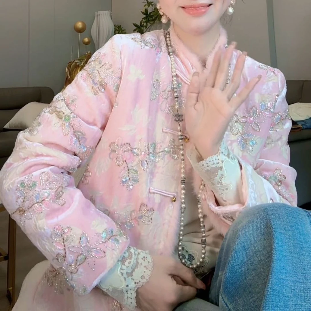 高级时尚棉服女2025冬季新款新中式国风重工钉珠百搭加棉保暖外套