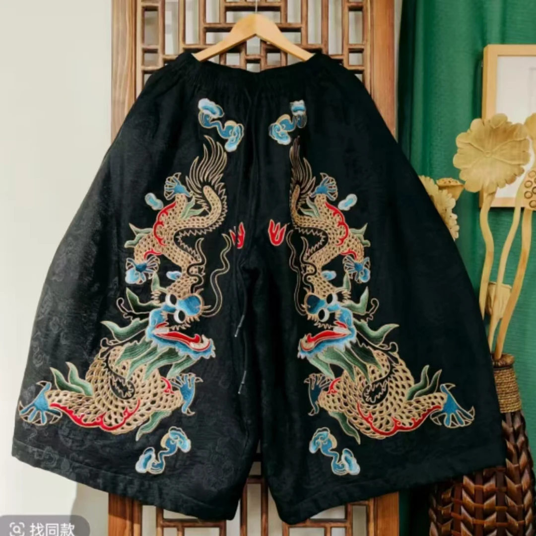 (LK040-92)凤徕兮定制黑色福禄底盘金龙刺绣全松紧花苞棉裤 加棉
