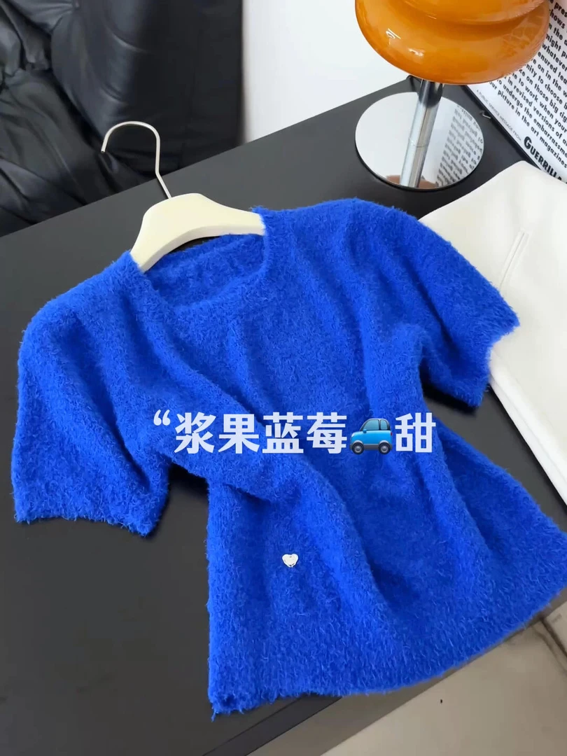 克莱因蓝色软糯圆领毛衣女装秋季新款轻奢时尚慵懒风百搭宽松上衣