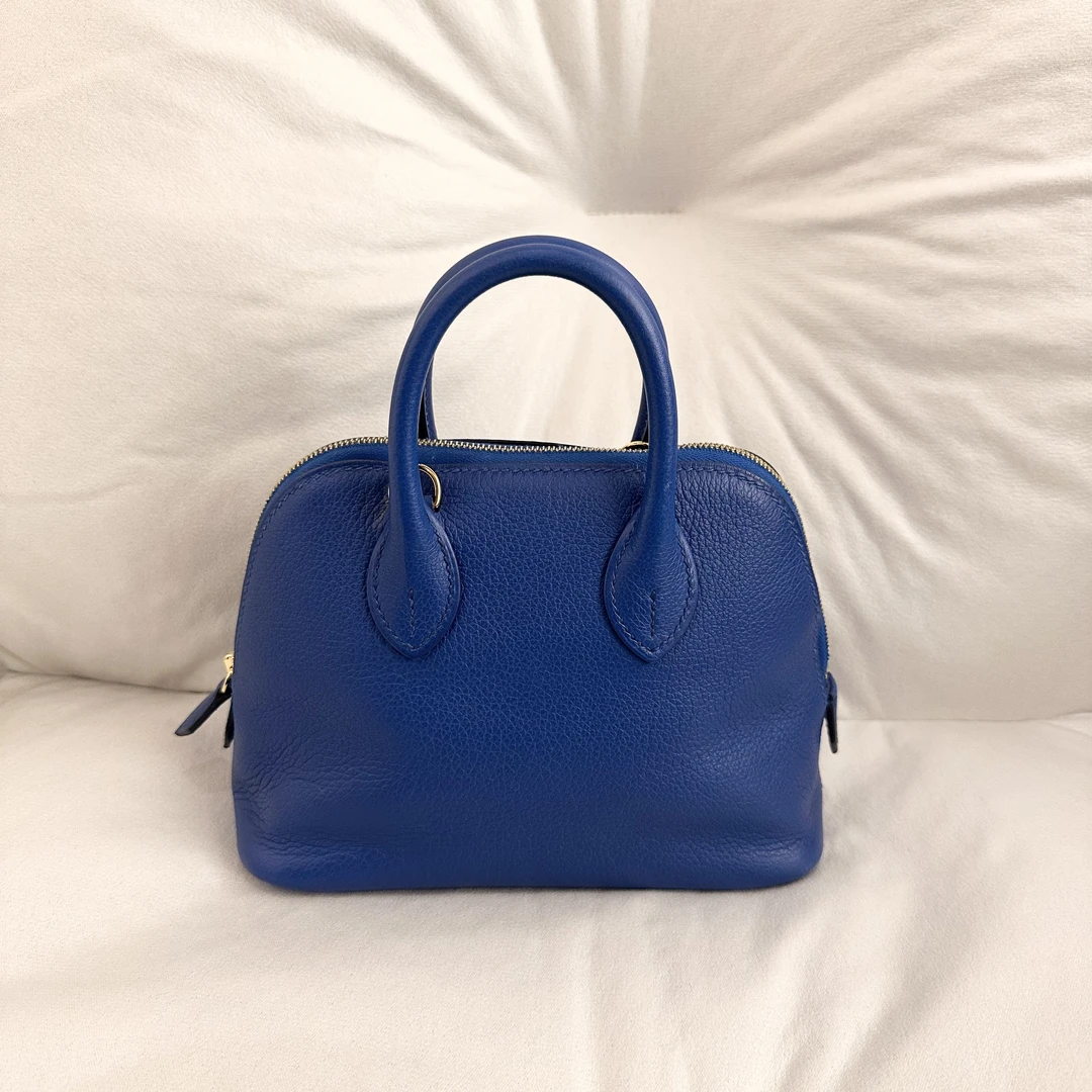 99新 Hermes/爱马仕 mini bolide保龄单肩包皇家蓝金扣ec皮 Z刻