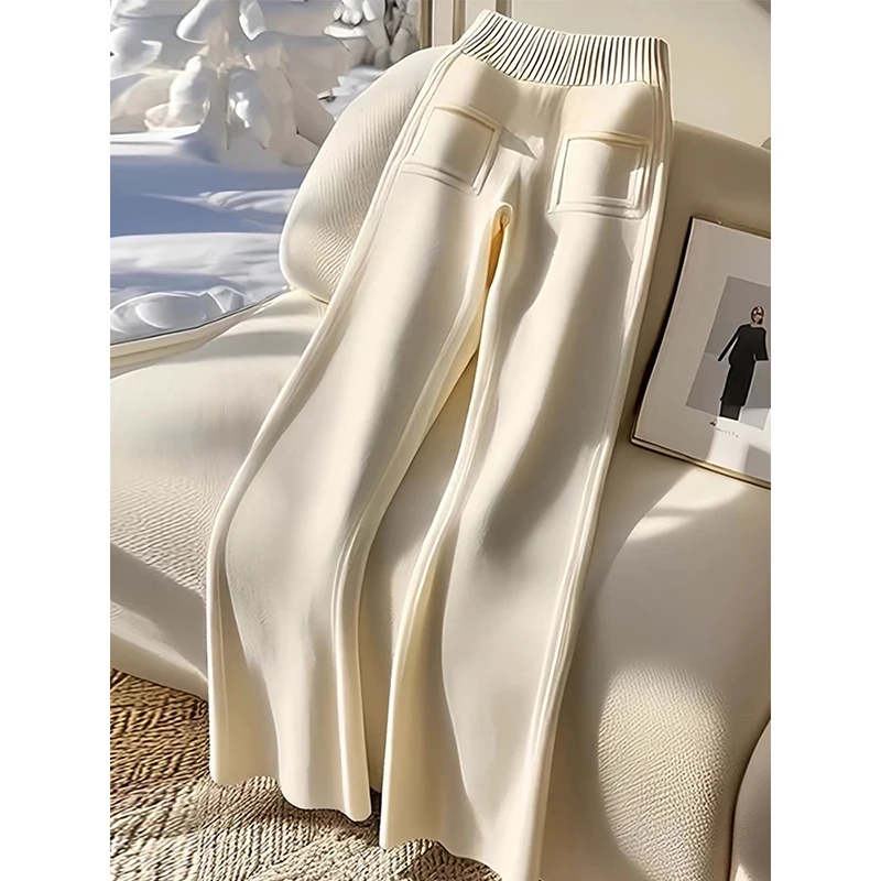 韩版奶杏色针织阔腿裤女秋冬新款高腰修身显瘦休闲垂感直筒长裤子