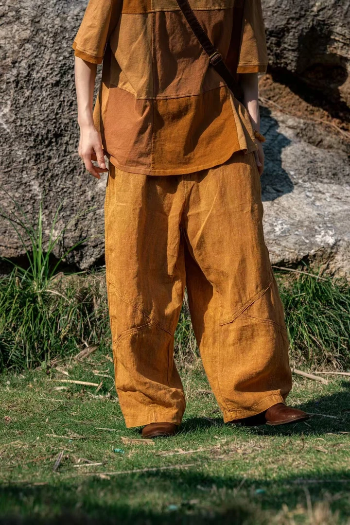 疯子张2025夏季新款纯亚麻植物染拼接纯色休闲裤休闲时尚百搭