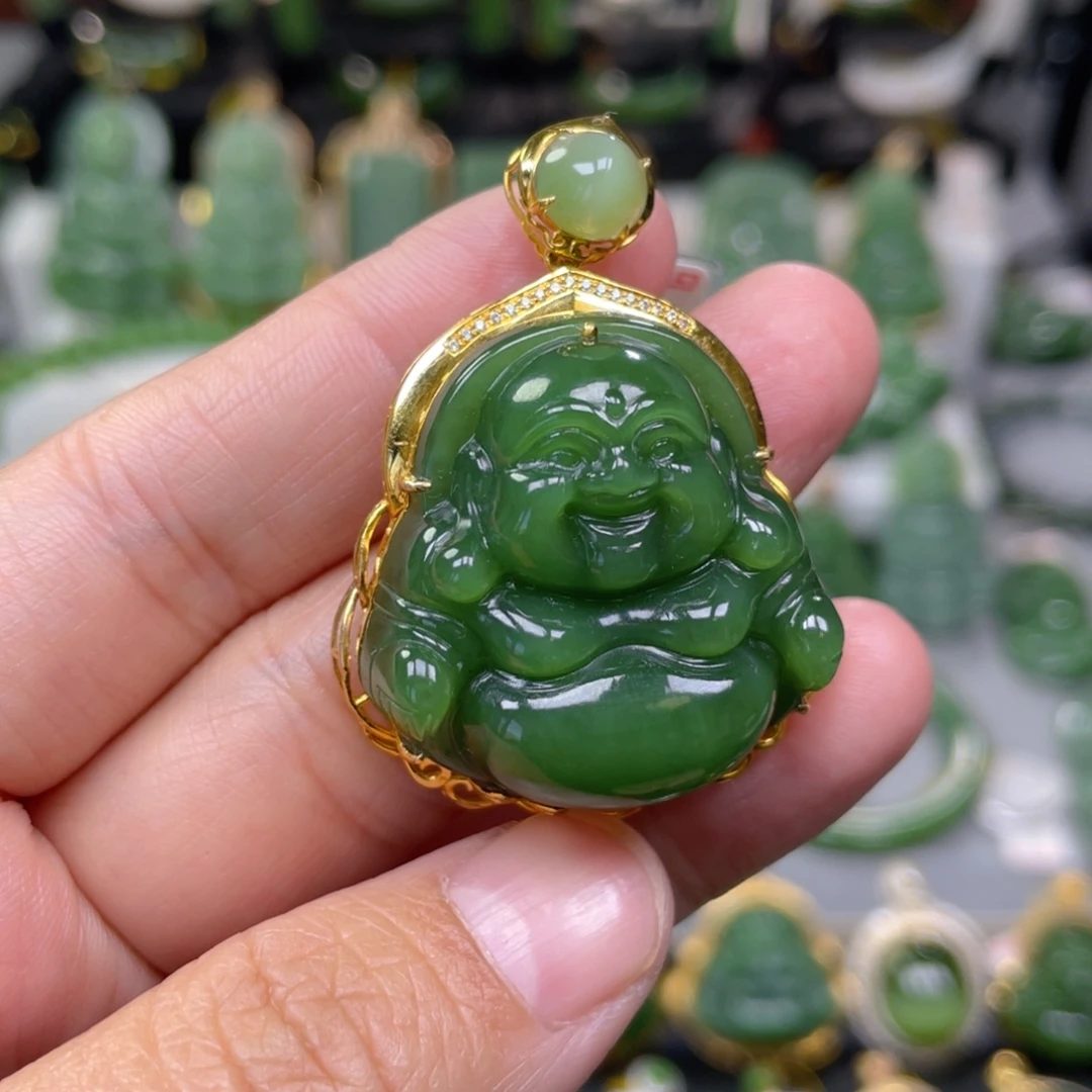 和田玉（碧玉）18K金镶嵌吊坠(不含链)