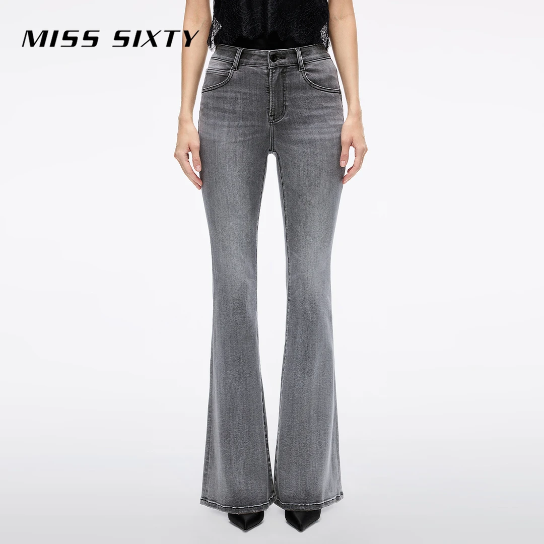 Miss Sixty2025秋季新款牛仔裤女复古黑灰含天丝显瘦喇叭裤广角裤