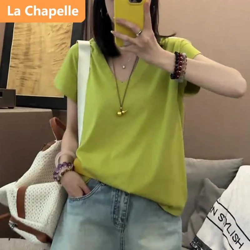 拉夏贝尔爆款短袖正肩t恤女2025夏季新款百搭圆领显瘦纯色上衣