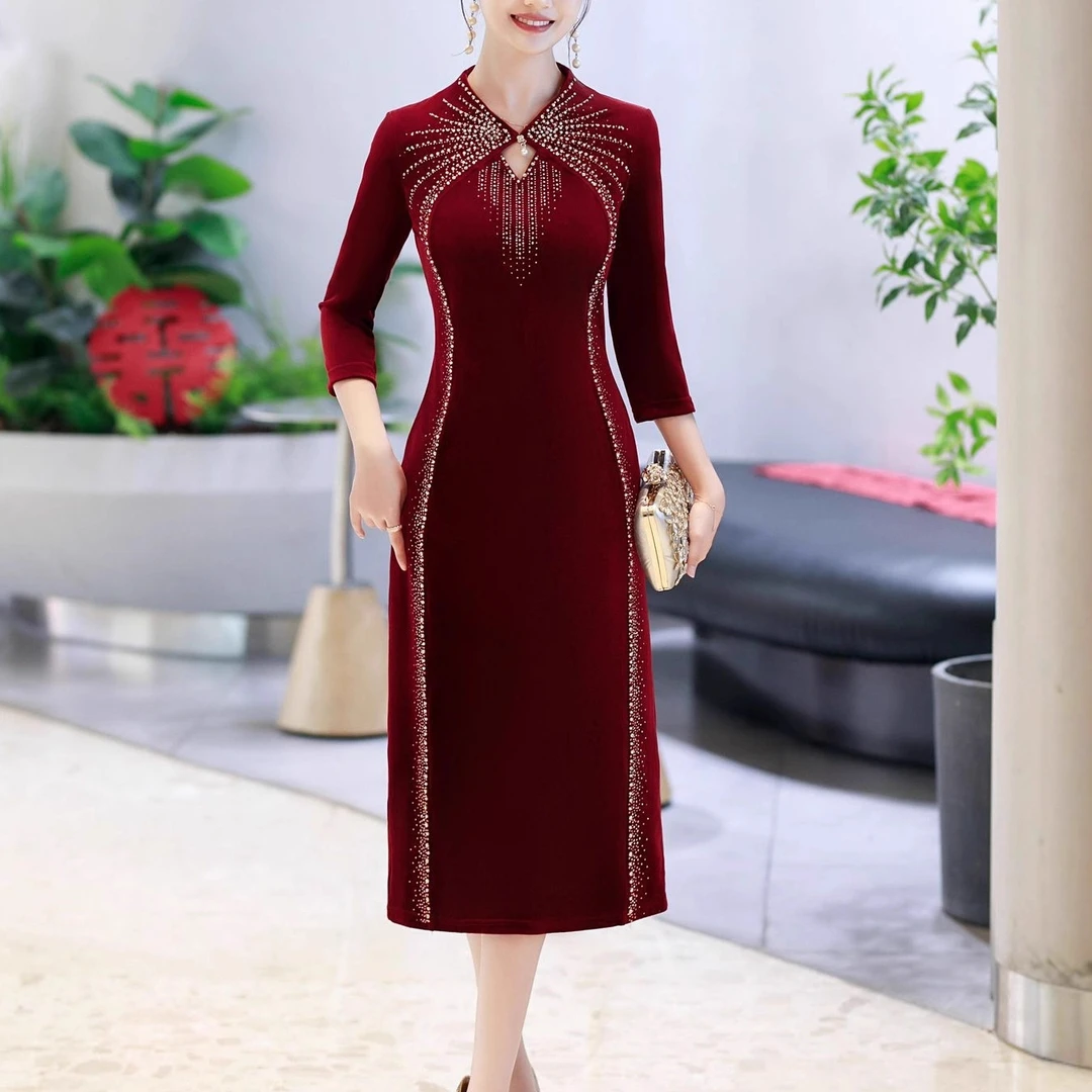 25年春秋新款改良长款结婚旗袍走秀旗袍中老年长袖妈妈婚宴装礼服