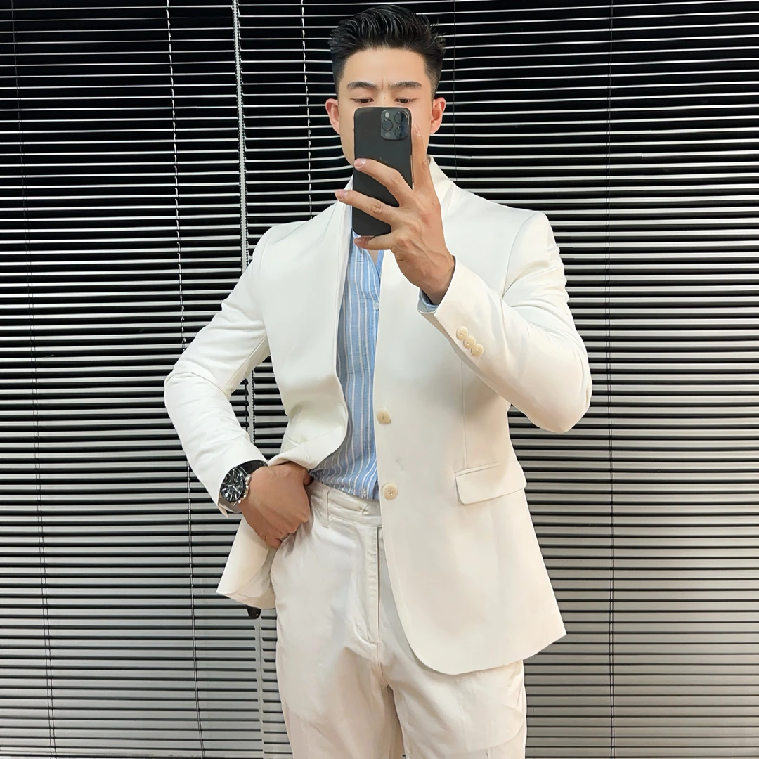 白色立领修身西服上装休闲时尚痞帅个性新中式西装秋季男装外套