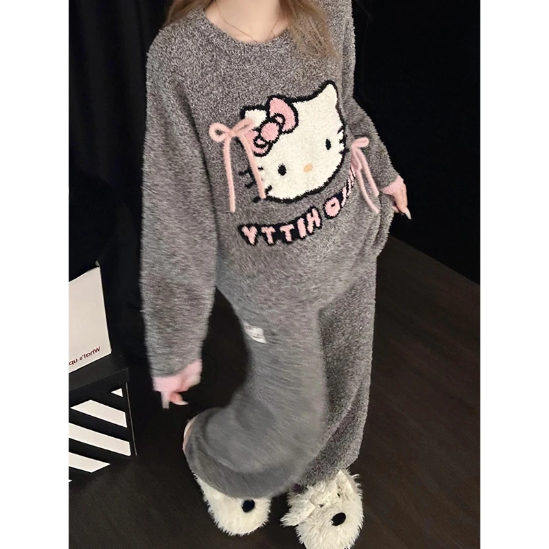 韩系休闲甜美半边绒蝴蝶结Kitty睡衣女冬季新款可外穿家居服套装