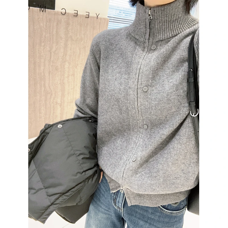 高领双拉链毛衣开衫外套女秋冬季新款潮流休闲韩系洋气针织上衣厚