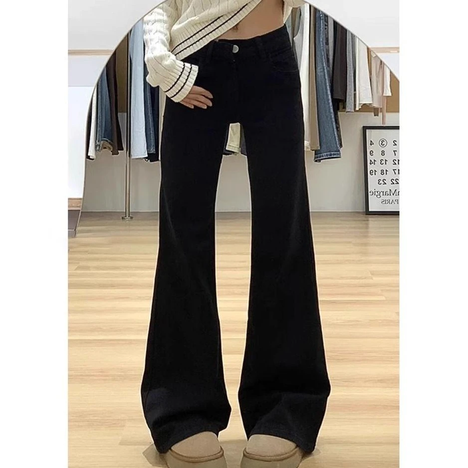 黑色百搭微喇裤女2025春季高腰修身显瘦显高遮胯牛仔裤拖地长裤子