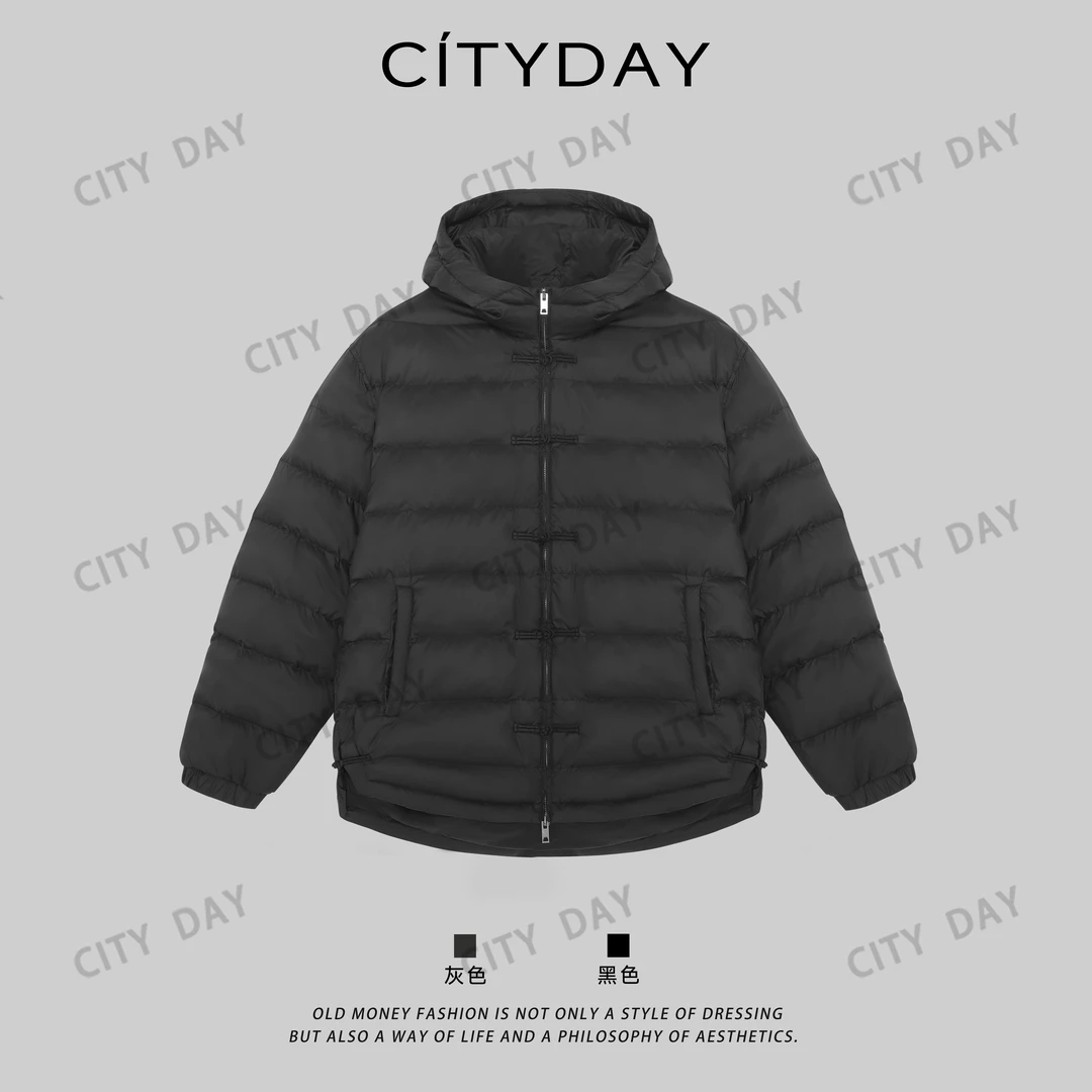 City Day【灰叔】复古-排骨新中式盘扣90白鸭绒保暖羽绒服 990133