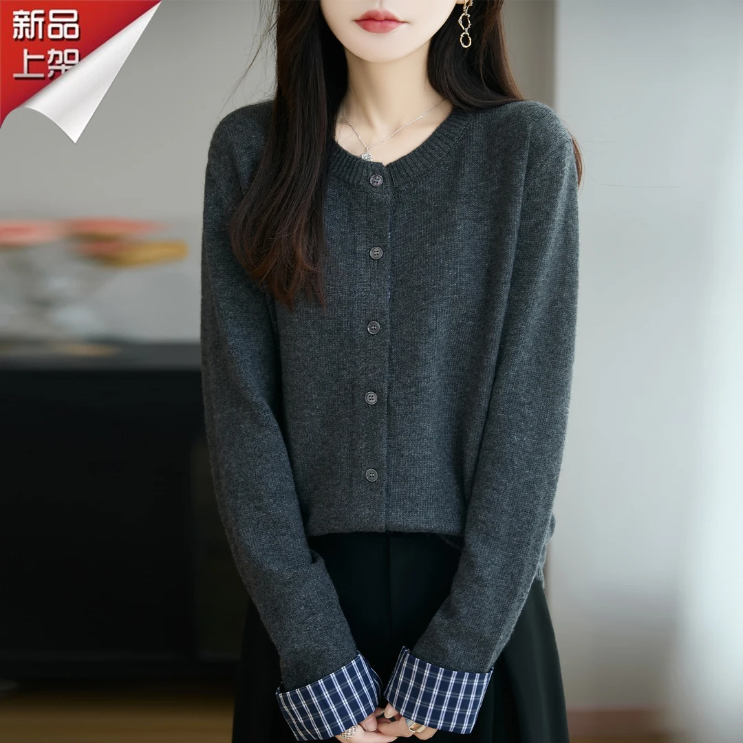 哥弟阿玛施正品秋季撞色格子长袖针织开衫圆领高级感时尚百搭上衣