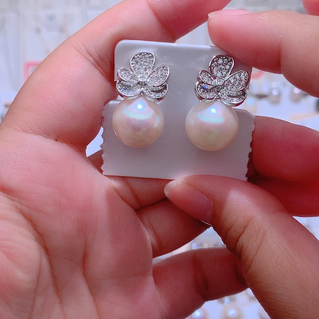 银S925镶嵌耳饰淡水珍珠CC13mm