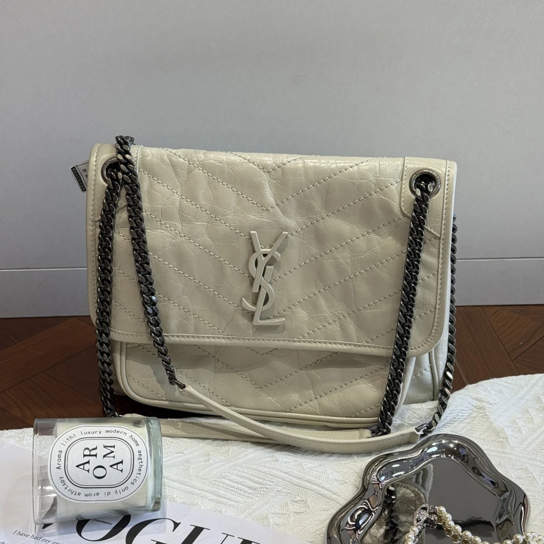 95新 YSL/圣罗兰 niki中号 奶油白银链 单肩包斜挎包