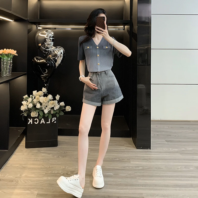 2025夏季小个子时尚套装女洋气减龄针织短袖上衣牛仔短裤两件套潮