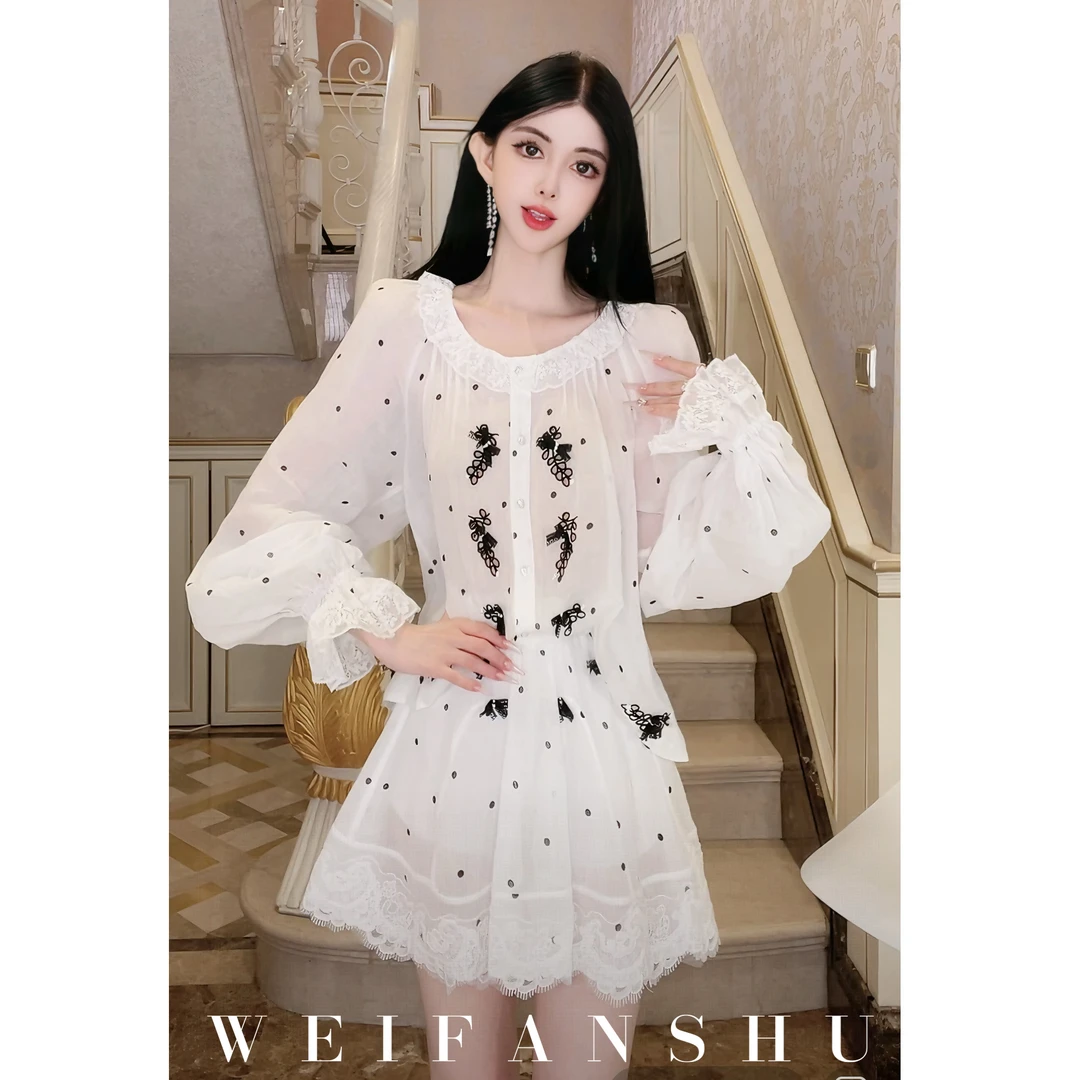 WEIFANSHU/魏凡舒【心动和弦】春夏新款设计感微透宽松长袖半裙套装