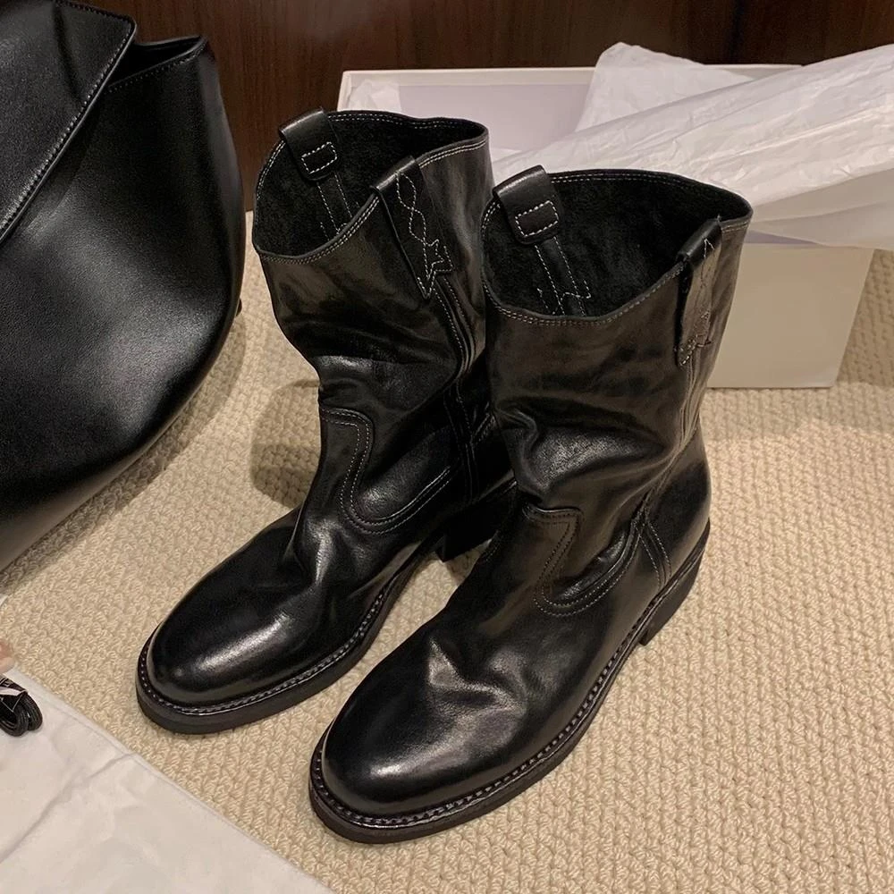 【JTG&SHOES 官方】圆头复古质感西部牛仔靴女2025秋季新款中粗跟