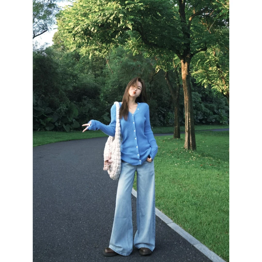 2025秋冬新款针织衫女蓝色v领两穿修身慵懒开衫巨好看的显瘦上衣