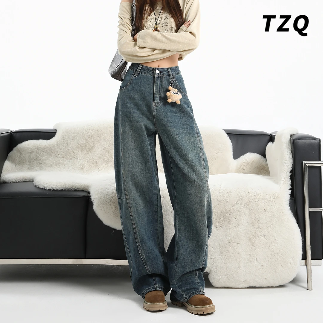 美式弯刀牛仔裤女2025秋新款复古宽松垂感阔腿香蕉裤TZQ25103022